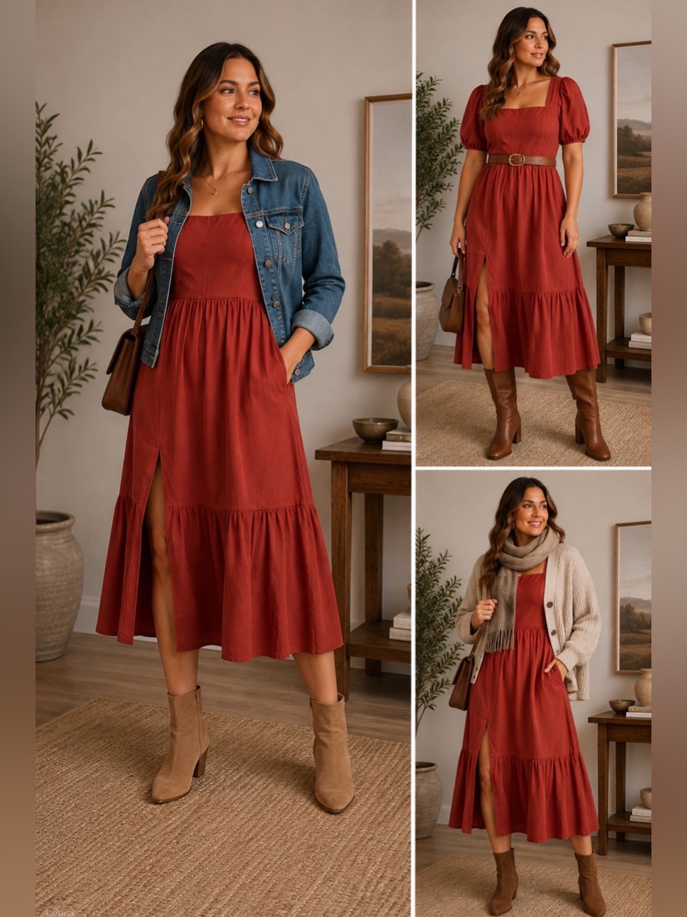 ASTR The Label Rust Poplin Puff Sleeve Tiered Midi Dress XL